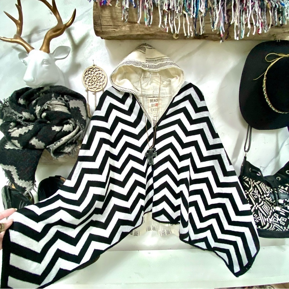 Chevron Black and White boho Poncho/scarf/body wrap w silver metallic sparkle